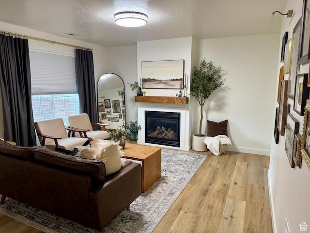 1720 N 2340 W, Lehi, UT 84043 - living room featuring a glass covered fireplace, wood finished floors, a textured ceiling, and baseboards