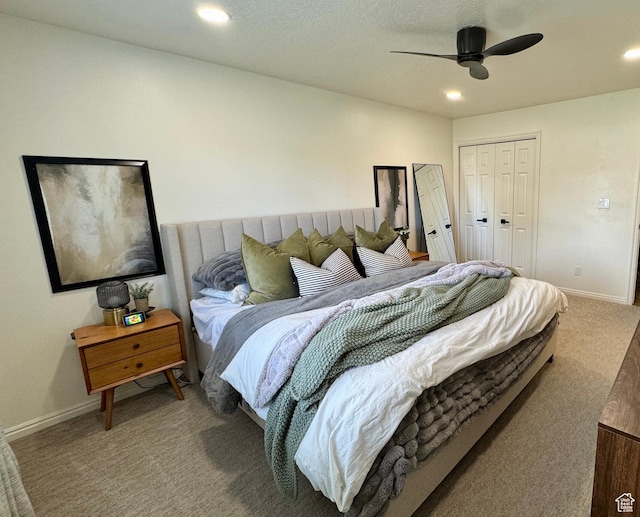 1720 N 2340 W, Lehi, UT 84043 - bedroom with light colored carpet, a closet, baseboards, recessed lighting, and a ceiling fan
