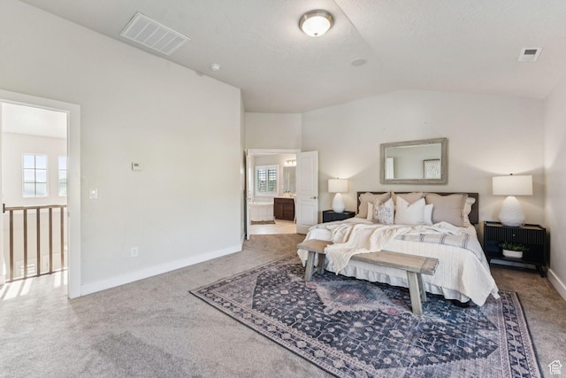 13353 S Wilburton Dr, Draper, UT 84020 - bedroom featuring carpet, lofted ceiling, baseboards, ensuite bathroom, and a textured ceiling
