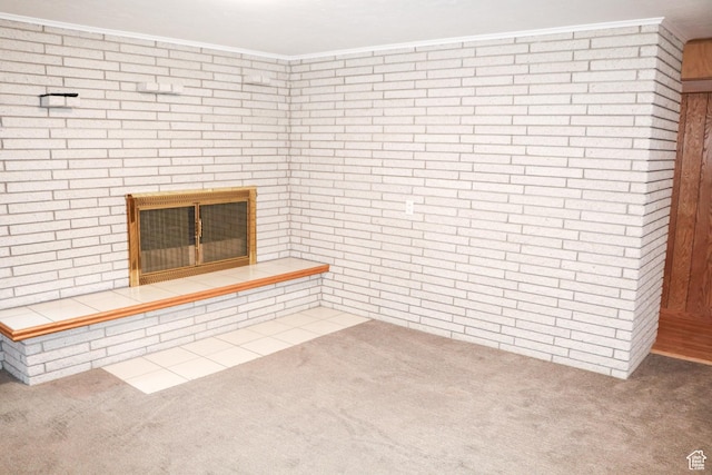 210 N 825 E, American Fork, UT 84003 - unfurnished living room with carpet, a brick fireplace, and ornamental molding
