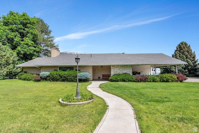 210 N 825 E, American Fork, UT 84003 - ranch-style home featuring a front lawn, a chimney, brick siding, and roof with shingles
