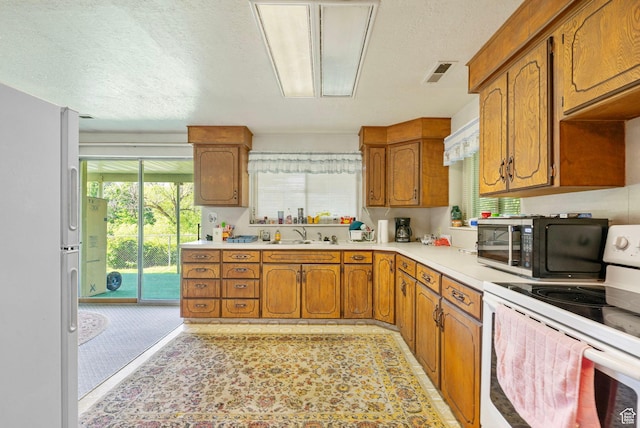 2718 E 200 N, Layton, UT 84040 - kitchen featuring white appliances, light countertops, brown cabinetry, a sink, and a textured ceiling