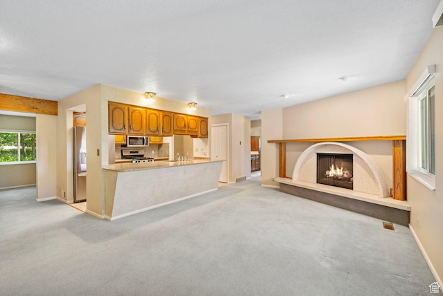 2718 E 200 N, Layton, UT 84040 - unfurnished living room with light colored carpet, baseboards, a warm lit fireplace, and a sink