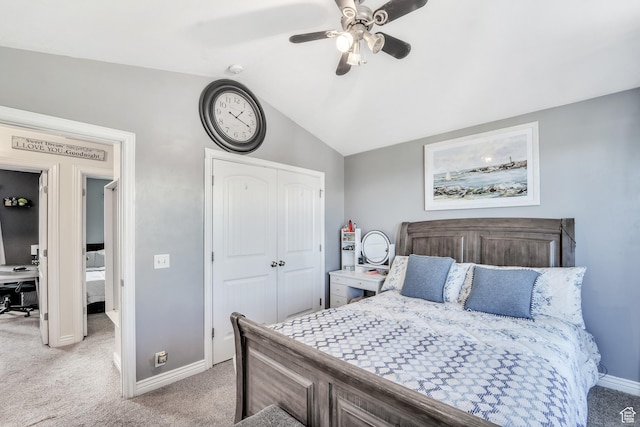 583 N 640 W, Tooele, UT 84074 - bedroom featuring light carpet, lofted ceiling, baseboards, a closet, and ceiling fan