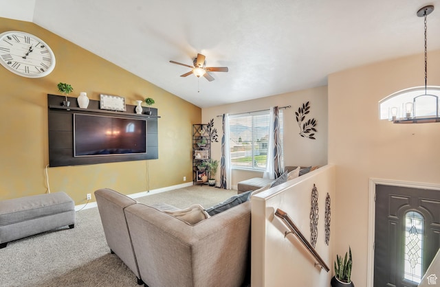 583 N 640 W, Tooele, UT 84074 - living room featuring vaulted ceiling, carpet floors, ceiling fan, and baseboards