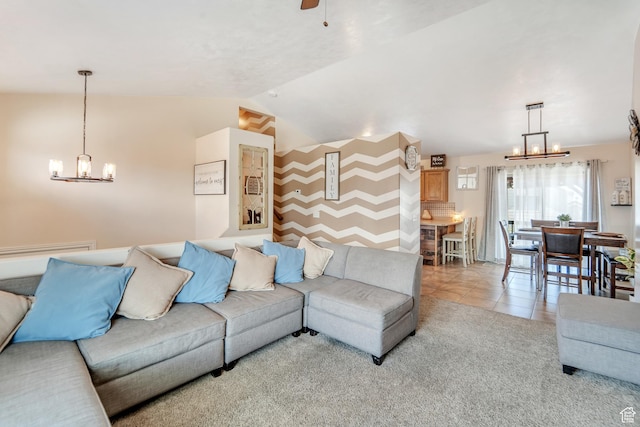583 N 640 W, Tooele, UT 84074 - living room with a chandelier, lofted ceiling, a ceiling fan, and light tile patterned floors