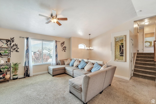 583 N 640 W, Tooele, UT 84074 - living room with carpet flooring, vaulted ceiling, ceiling fan, and baseboards