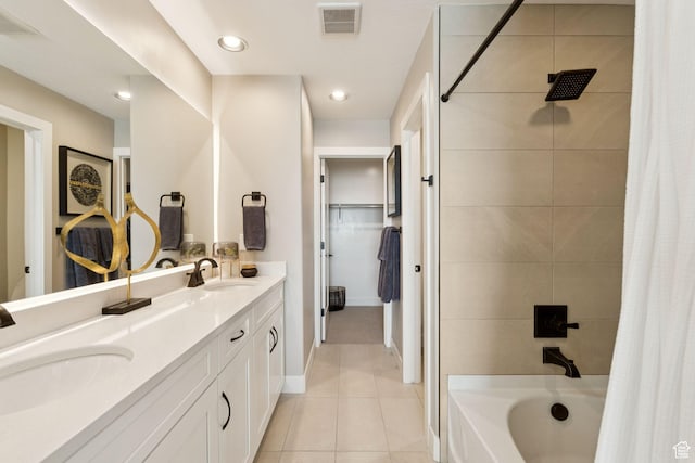 3779 S 3250 W, West Haven, UT 84401 - full bath featuring tile patterned flooring, double vanity, shower / bath combination with curtain, a walk in closet, and baseboards