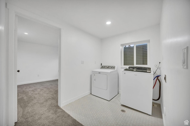 5494 W Townsend Way, West Valley City, UT 84118 - laundry area featuring washer and dryer, baseboards, recessed lighting, and light colored carpet