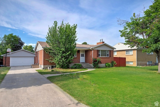 628 E Wyandotte Ave S, Sandy, UT 84070 - view of front of property with an outbuilding, brick siding, a detached garage, and a chimney
