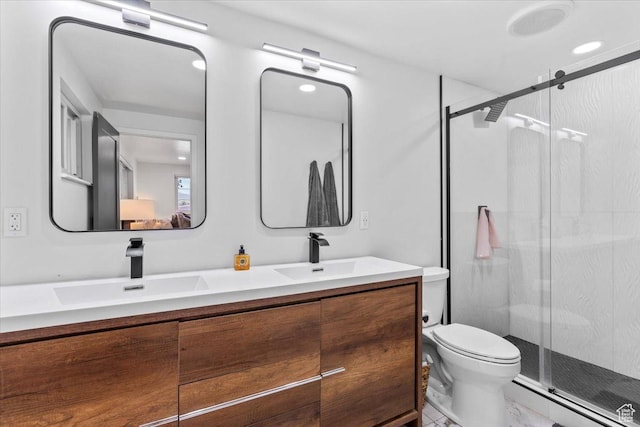 1392 N 450 E, Bountiful, UT 84010 - bathroom featuring double vanity, a stall shower, toilet, and recessed lighting