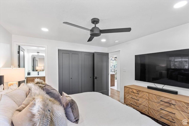 1392 N 450 E, Bountiful, UT 84010 - bedroom featuring recessed lighting, connected bathroom, ceiling fan, a closet, and wood finished floors