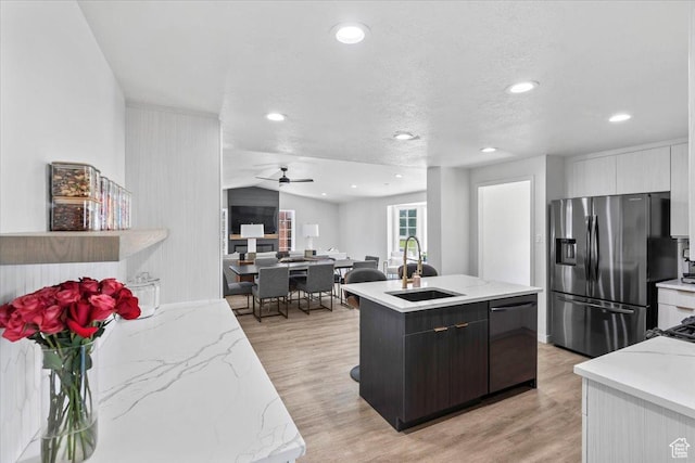 1392 N 450 E, Bountiful, UT 84010 - kitchen featuring stainless steel fridge, a sink, dishwasher, an island with sink, and ceiling fan
