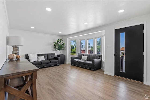 1392 N 450 E, Bountiful, UT 84010 - living area with wood finished floors, crown molding, recessed lighting, and baseboards