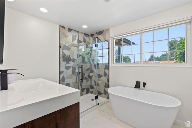 1392 N 450 E, Bountiful, UT 84010 - bathroom with a stall shower, a freestanding bath, vanity, recessed lighting, and marble look tile flooring