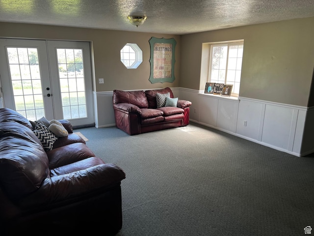 9029 N Treasureton Rd, Preston, ID 83263 - carpeted living area with a textured ceiling, french doors, and wainscoting