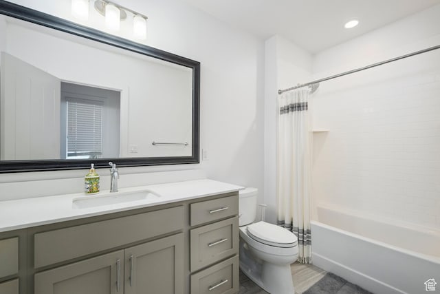 12184 N Bridgegate Way, Highland, UT 84003 - full bath with toilet, vanity, shower / bathtub combination with curtain, and recessed lighting