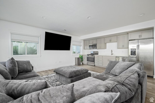 12184 N Bridgegate Way, Highland, UT 84003 - living room featuring light wood-style floors, baseboards, and recessed lighting