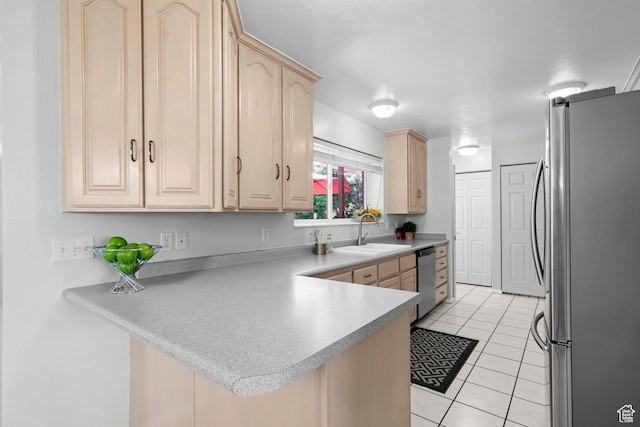 3243 S 200 W, Bountiful, UT 84010 - kitchen featuring stainless steel appliances, light brown cabinets, a sink, a peninsula, and light tile patterned floors