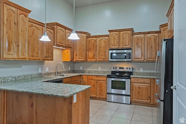 3423 W Mount Cortina Way, Riverton, UT 84065 - kitchen featuring appliances with stainless steel finishes, a sink, a peninsula, light tile patterned flooring, and pendant lighting