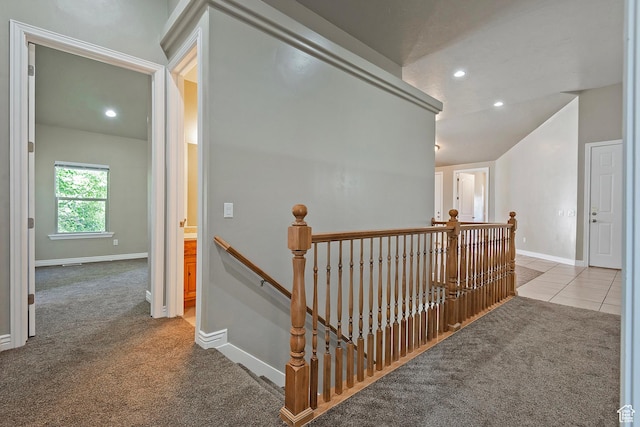 3423 W Mount Cortina Way, Riverton, UT 84065 - corridor with an upstairs landing, carpet, baseboards, recessed lighting, and vaulted ceiling