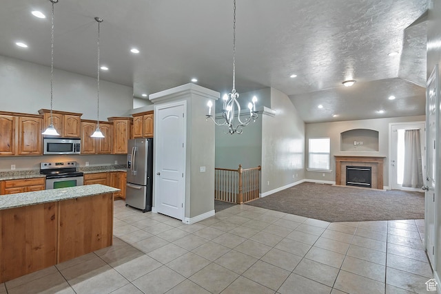 3423 W Mount Cortina Way, Riverton, UT 84065 - kitchen featuring stainless steel appliances, vaulted ceiling, light tile patterned flooring, brown cabinetry, and light carpet