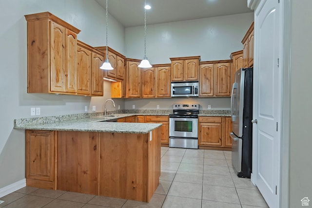 3423 W Mount Cortina Way, Riverton, UT 84065 - kitchen with stainless steel appliances, a peninsula, a sink, light tile patterned flooring, and light stone counters