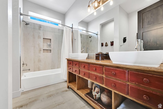 6339 E Quail Ln, Huntsville, UT 84317 - bathroom featuring shower / tub combo with curtain, double vanity, and wood finished floors