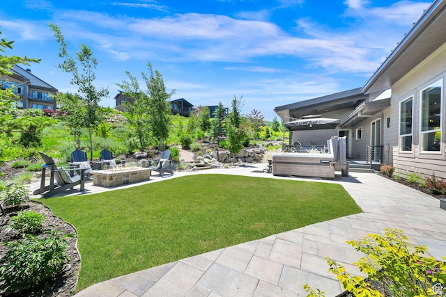 6339 E Quail Ln, Huntsville, UT 84317 - view of grassy yard featuring an outdoor fire pit, a patio area, and a hot tub
