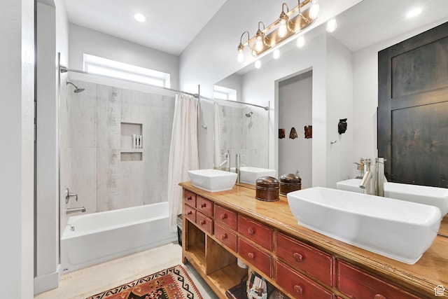 6339 E Quail Ln, Huntsville, UT 84317 - full bathroom featuring shower / bath combo with shower curtain, double vanity, and recessed lighting