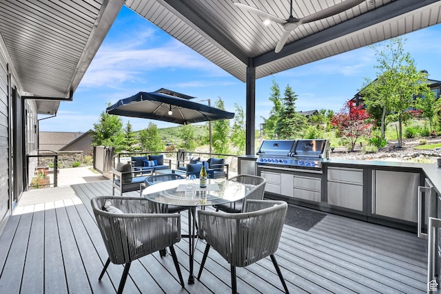 6339 E Quail Ln, Huntsville, UT 84317 - wooden terrace with ceiling fan, an outdoor living space, and outdoor dining space