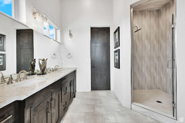 6339 E Quail Ln, Huntsville, UT 84317 - full bathroom with a stall shower, double vanity, baseboards, and tile patterned floors