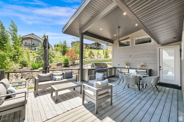 6339 E Quail Ln, Huntsville, UT 84317 - wooden terrace with an outdoor hangout area, a ceiling fan, and outdoor dining space