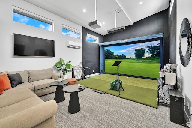 6339 E Quail Ln, Huntsville, UT 84317 - recreation room with golf simulator, an AC wall unit, carpet flooring, and recessed lighting