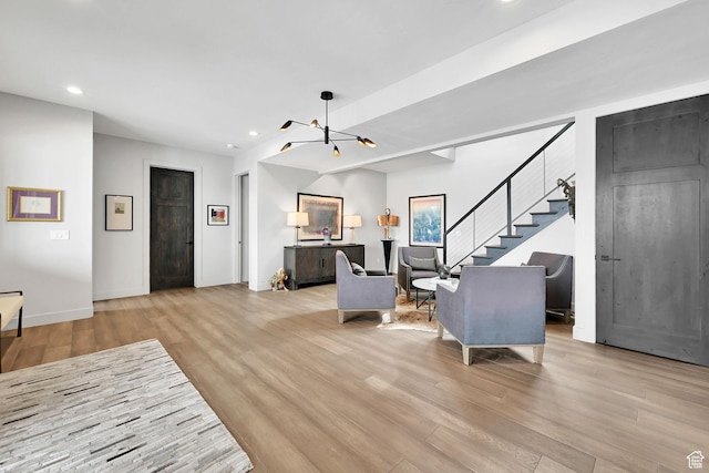 6339 E Quail Ln, Huntsville, UT 84317 - living room with wood finished floors, stairway, recessed lighting, a chandelier, and baseboards