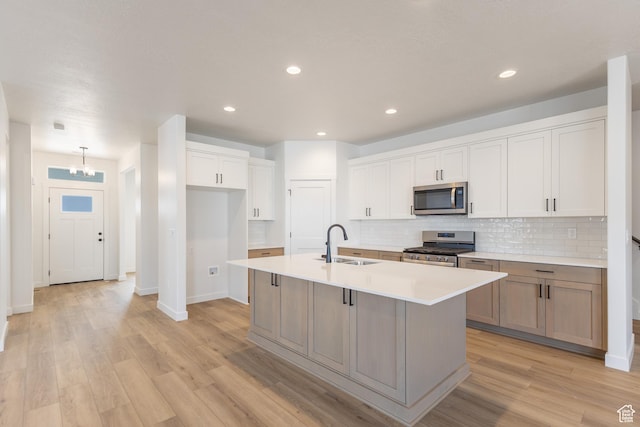 6 S 3830 W Unit 417, West Point, UT 84015 - kitchen featuring stainless steel appliances, a sink, tasteful backsplash, a center island with sink, and light wood finished floors
