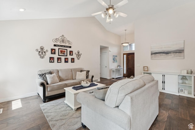 473 W 175 N, Morgan, UT 84050 - living area with ceiling fan, dark wood-style flooring, high vaulted ceiling, recessed lighting, and baseboards