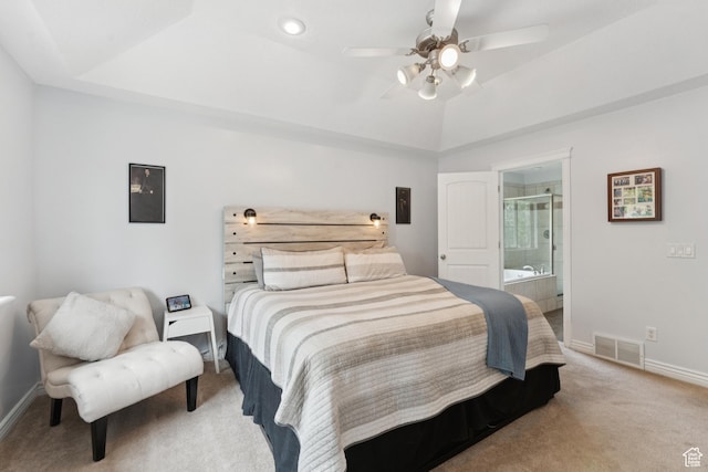 473 W 175 N, Morgan, UT 84050 - carpeted bedroom featuring baseboards, connected bathroom, a ceiling fan, and vaulted ceiling