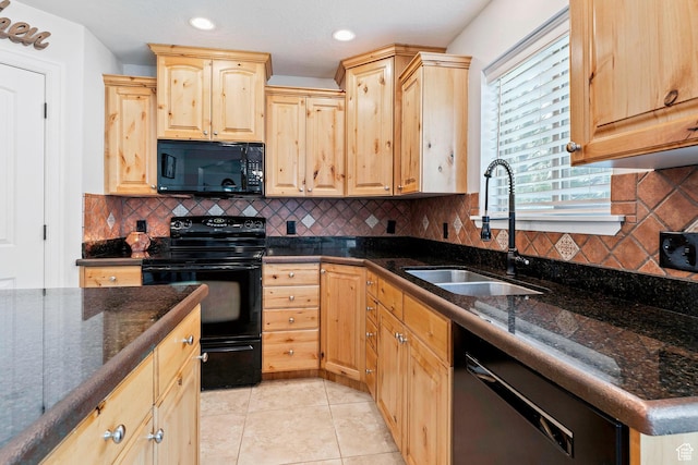 2367 S Wesson Dr, Saratoga Springs, UT 84045 - kitchen featuring black appliances, light brown cabinetry, a sink, light tile patterned floors, and tasteful backsplash
