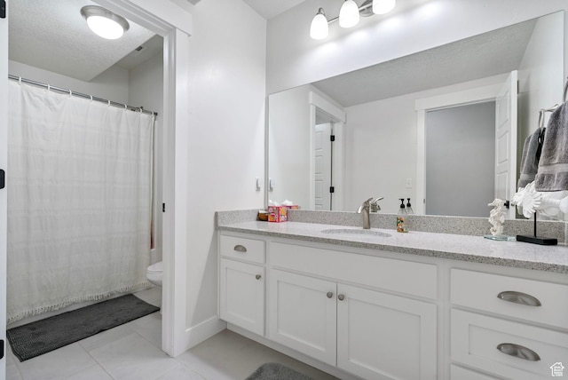 722 N Meridian Dr, Saratoga Springs, UT 84045 - full bath with toilet, vanity, tile patterned floors, a shower with shower curtain, and a textured ceiling
