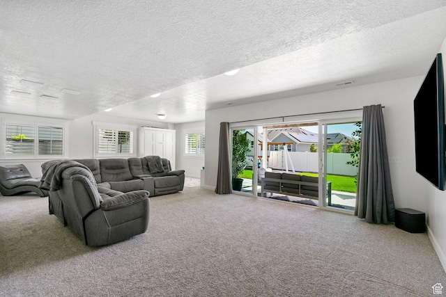 722 N Meridian Dr, Saratoga Springs, UT 84045 - living room with carpet flooring, baseboards, a textured ceiling, and healthy amount of natural light