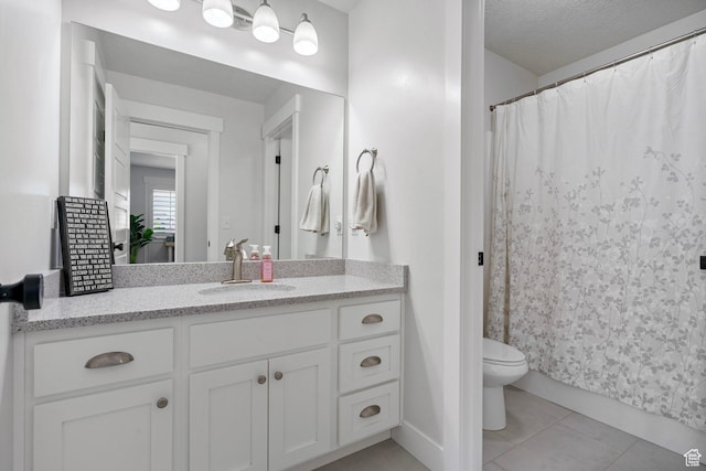 722 N Meridian Dr, Saratoga Springs, UT 84045 - full bathroom with vanity, toilet, tile patterned floors, a shower with shower curtain, and baseboards