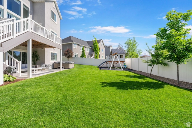 722 N Meridian Dr, Saratoga Springs, UT 84045 - view of yard featuring a hot tub, a playground, a patio, and a residential view