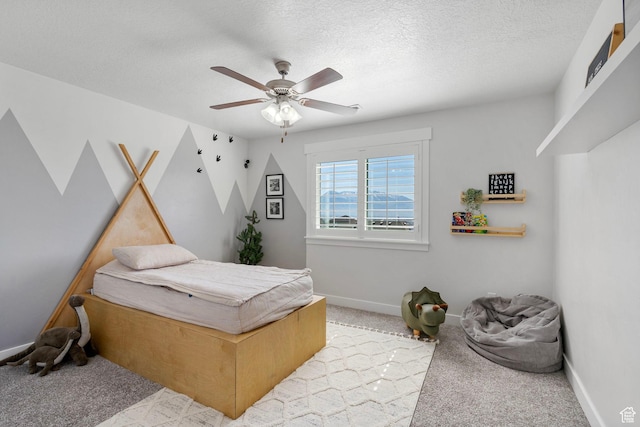 722 N Meridian Dr, Saratoga Springs, UT 84045 - bedroom featuring light carpet, baseboards, a textured ceiling, and ceiling fan