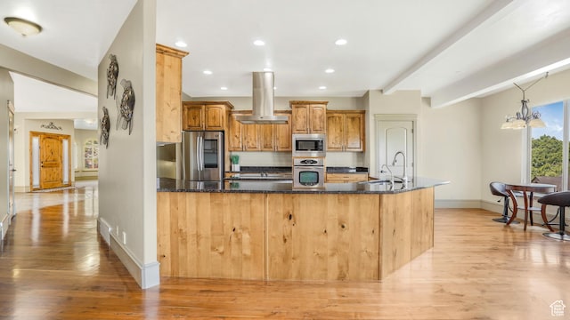 1596 E Millbrook Way S, Bountiful, UT 84010 - kitchen featuring stainless steel appliances, island range hood, light wood-style floors, baseboards, and recessed lighting