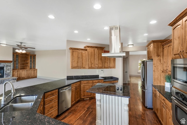 1596 E Millbrook Way S, Bountiful, UT 84010 - kitchen featuring island range hood, appliances with stainless steel finishes, a sink, ceiling fan, and a center island