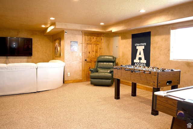 45 Wedge Way, Garden City, UT 84028 - game room with carpet, a textured ceiling, electric panel, recessed lighting, and a textured wall