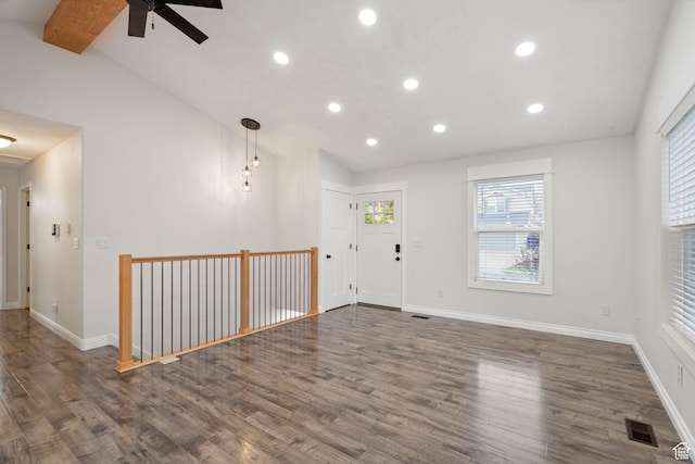 3355 E Golden Eagle Rd, Eagle Mountain, UT 84005 - foyer with vaulted ceiling, ceiling fan, recessed lighting, wood finished floors, and baseboards