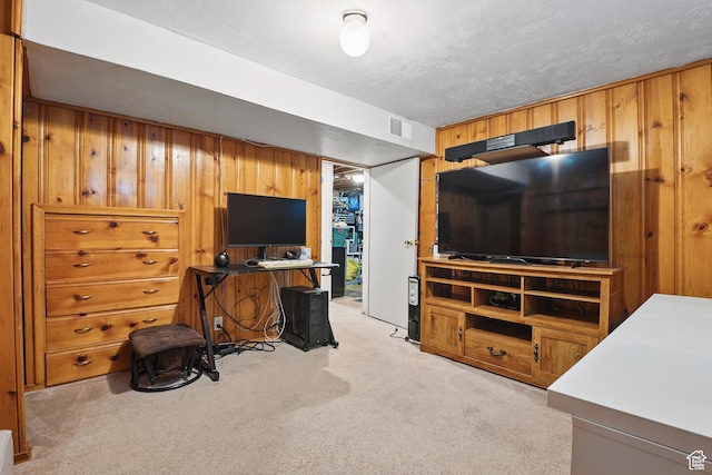 8757 W Helen Dr, Magna, UT 84044 - living room with light colored carpet, wooden walls, and a textured ceiling