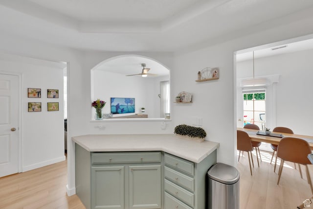 14284 S Daisyfield Dr E, Draper, UT 84020 - kitchen with green cabinetry, light wood-style flooring, a tray ceiling, and arched walkways